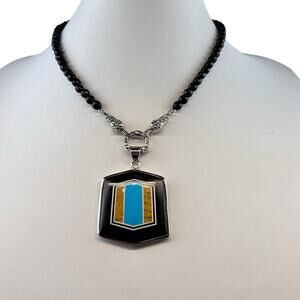 BC Onyx Sterling Silver Beaded Necklace 17" PD Onyx & Inlaid Stone Pendant